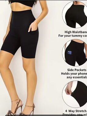 High-Waist Black Biker Shorts with Side Pockets